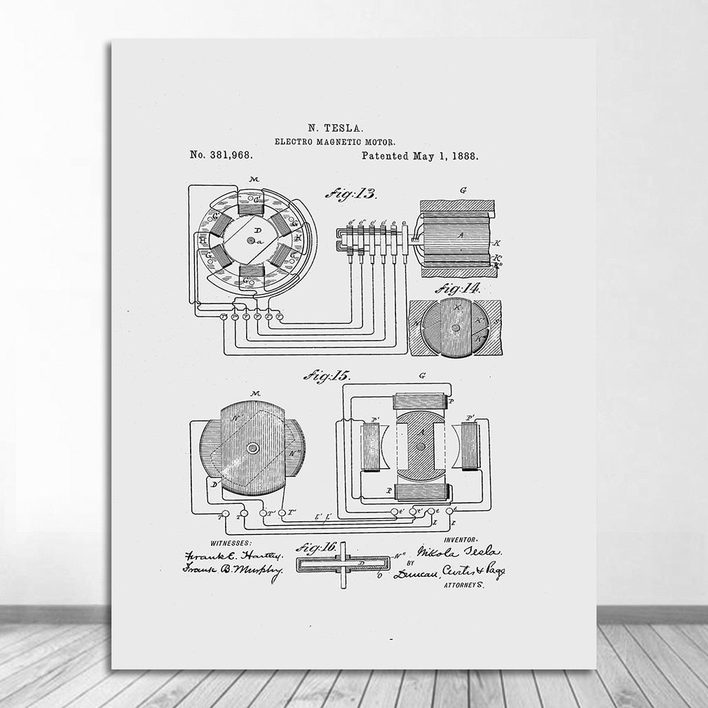 Nikola Tesla Motor Patent Blueprint Canvas Art