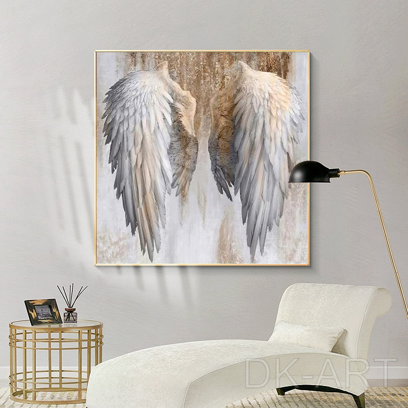 White and Gold Angel Wings Canvas Painting Art