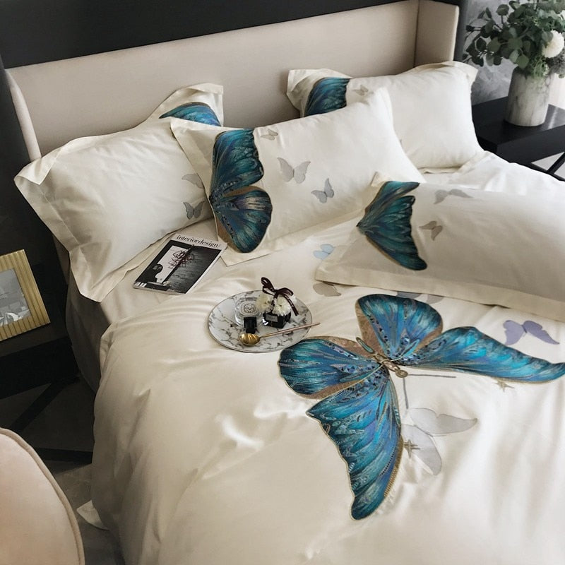 White Butterfly Egyptian Cotton Duvet Cover Bedding Set