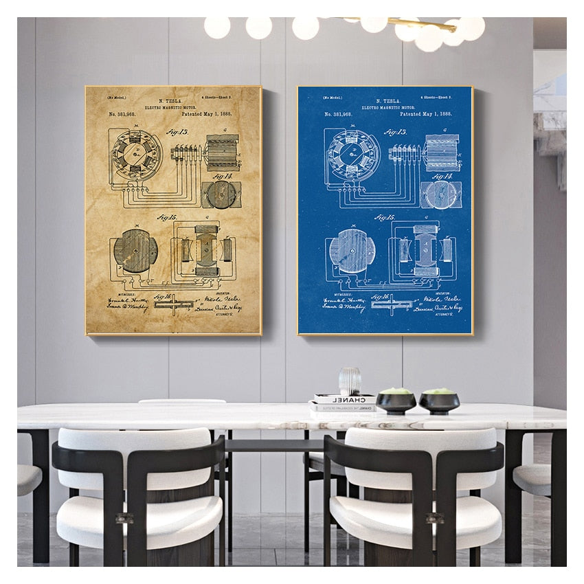 Nikola Tesla Motor Patent Blueprint Canvas Art