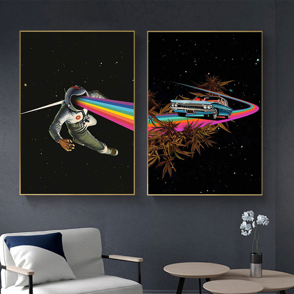 Rainbow Starry Sky Roam Astronaut Driving A Car Canvas Art