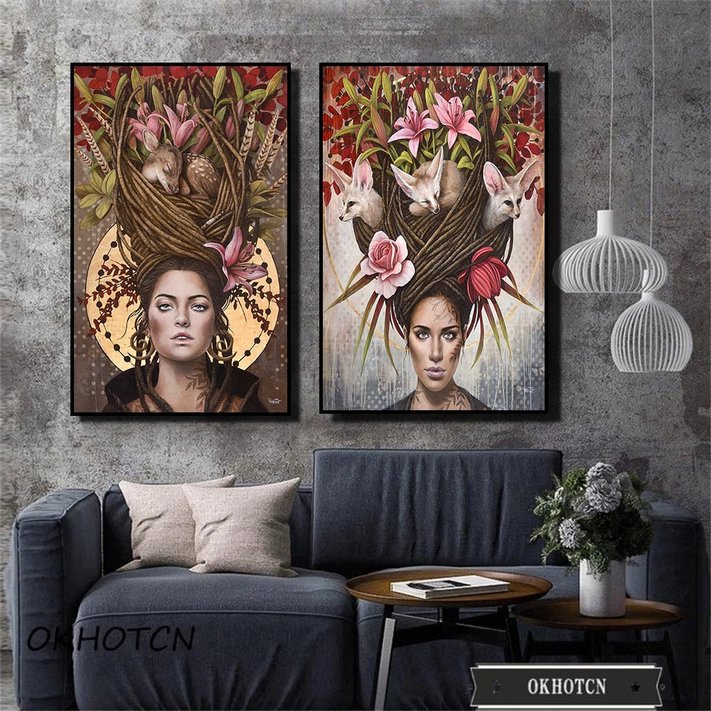 Abstract Flowers Woman Canvas Art