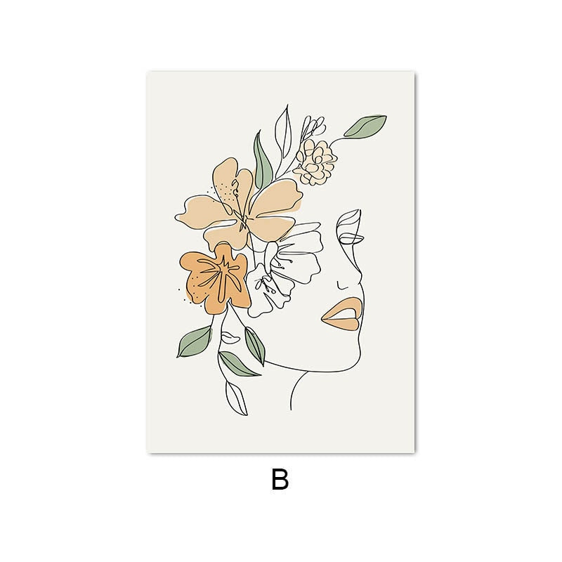 Nordic Simple Line Drawing Woman Flower Canvas Art