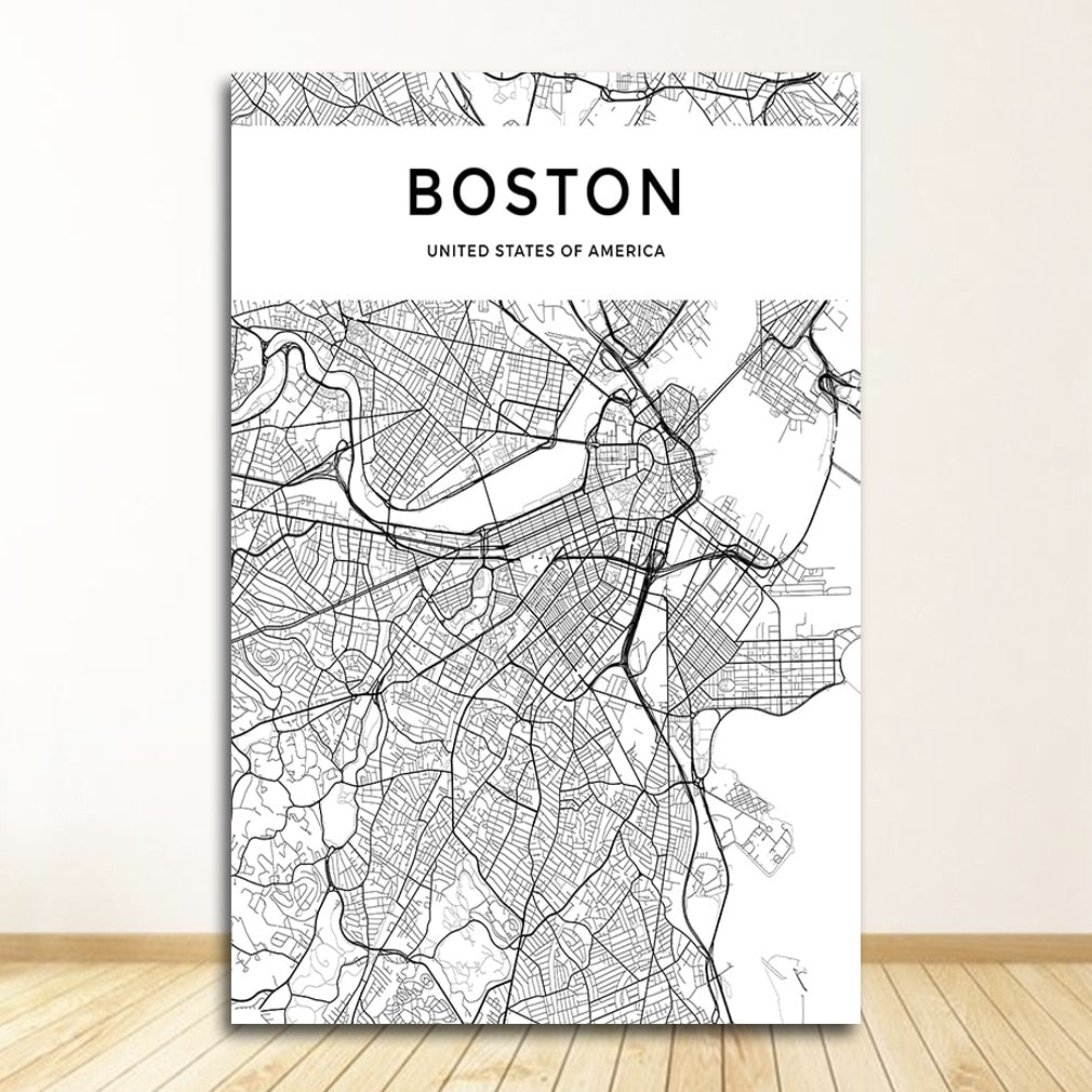 Black and White World City Map Wall Art Canvas