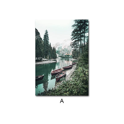 Scandinavian Mountain Lake Boat Canvas Art