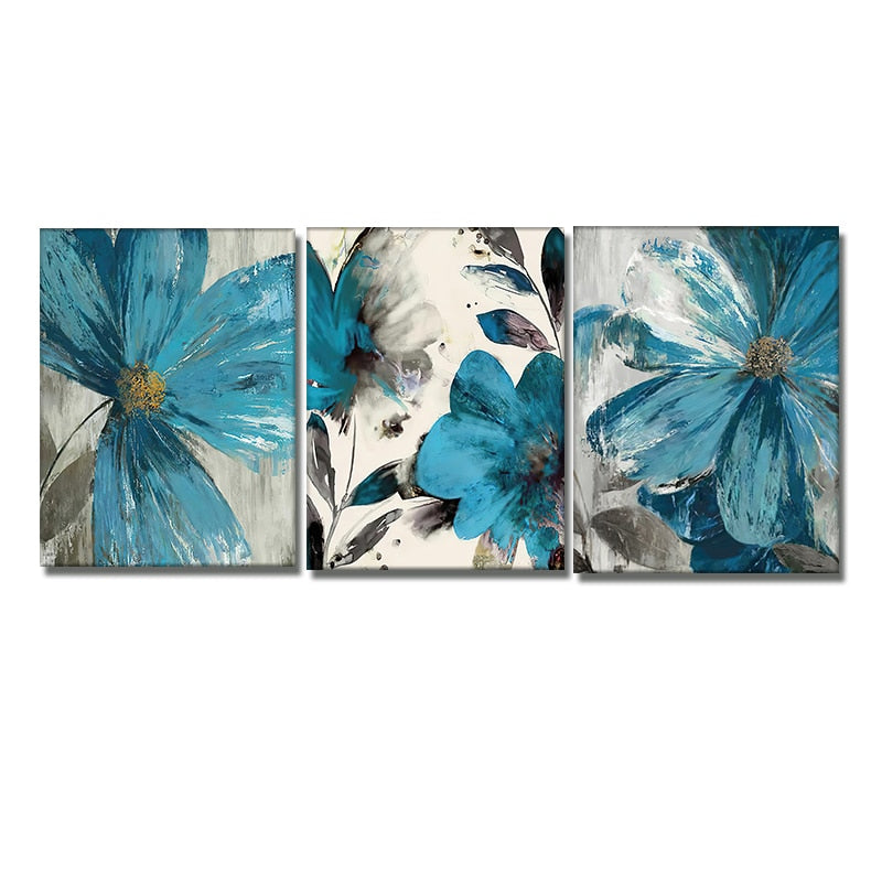 3 Panel Abstract Yellow Blue Feather Wall Art Canvas