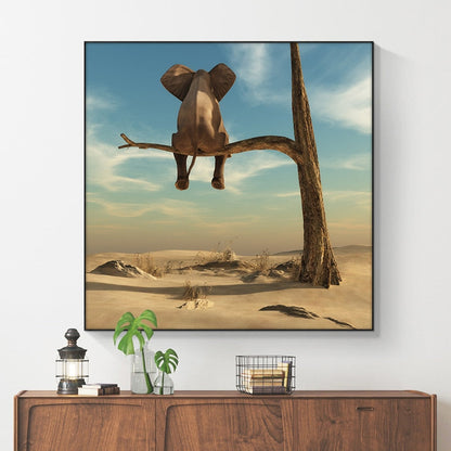 Funny Little Elephant on Tree Canvas Art