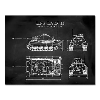 German King Tiger 2 WW II Panzer Tank Blueprint Canvas Art