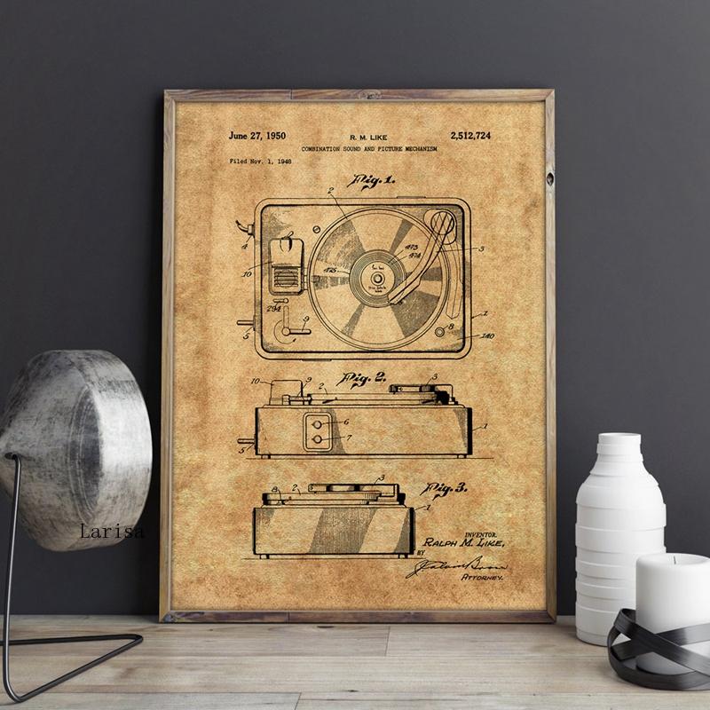 Retro Record Player Patent Blueprint Canvas Art