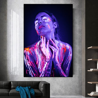 Woman Colorful Fluorescent Painted Body Canvas Art