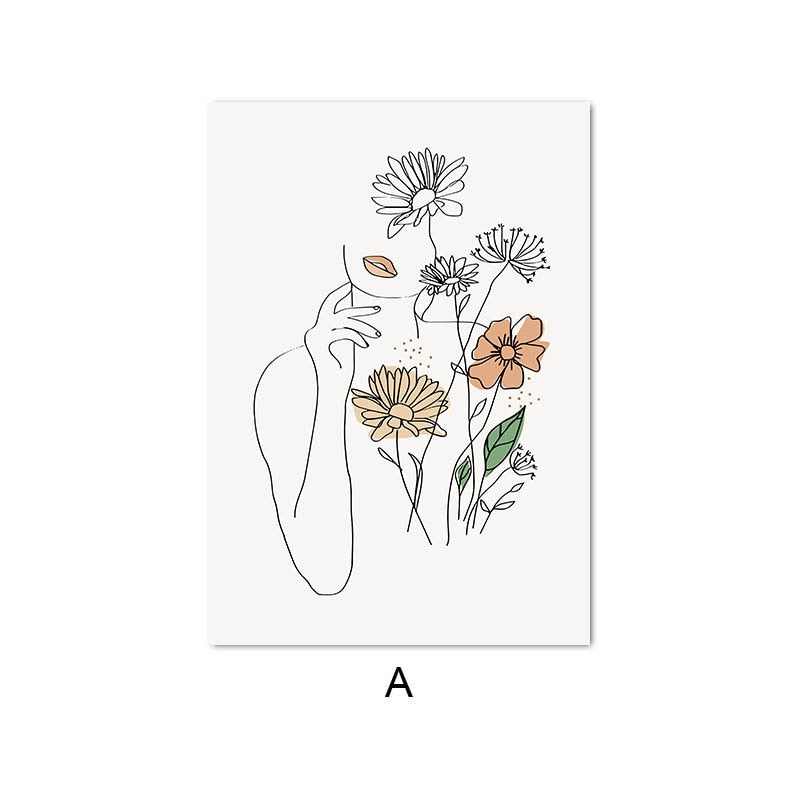 Nordic Simple Line Drawing Woman Flower Canvas Art