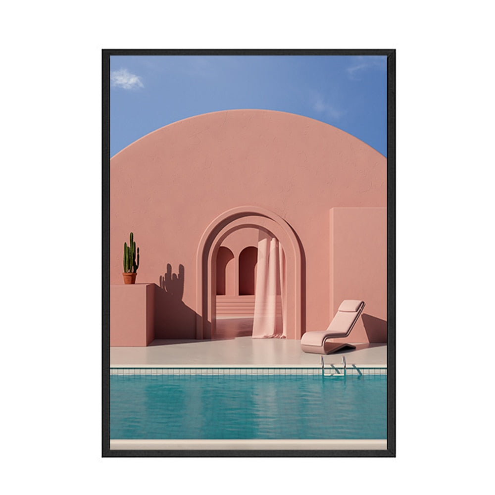 Pink House Swimming Pool Canvas Art