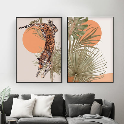 Boho Tropical Leaves Leopard Canvas Art