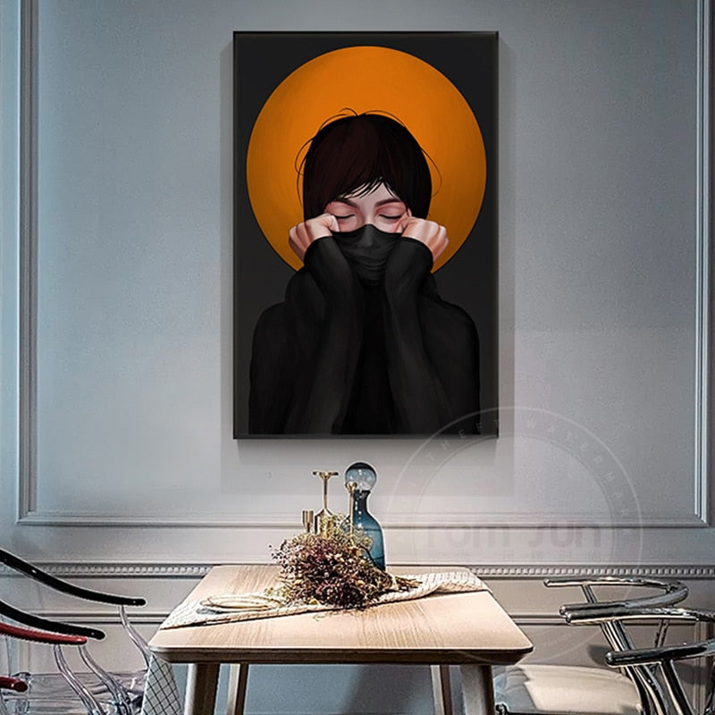 Modern Girl Concealed Face with Black Cloth Canvas Art