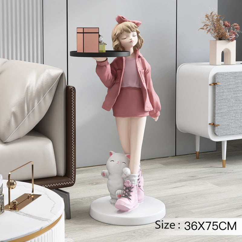 Girl in Boots Cat Big Statue with Tray