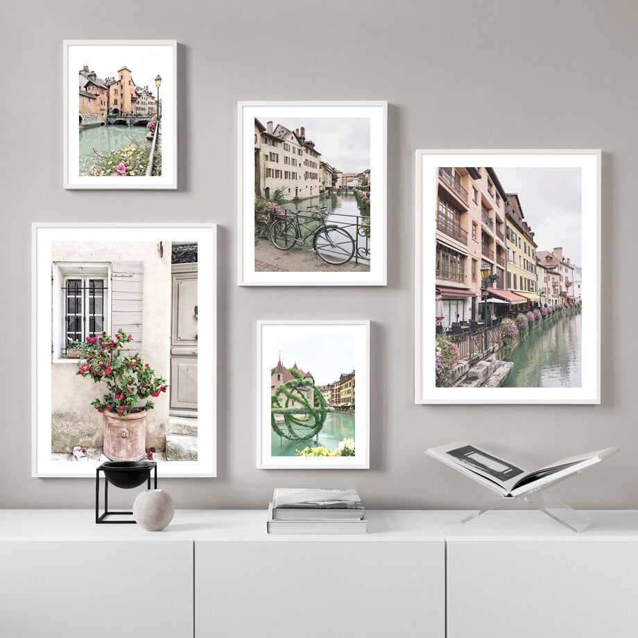 Old Town Street Small River Canvas Art