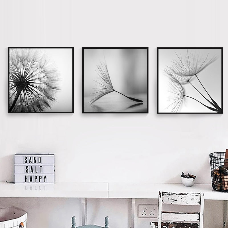 Black and White Dandelion Flower Art