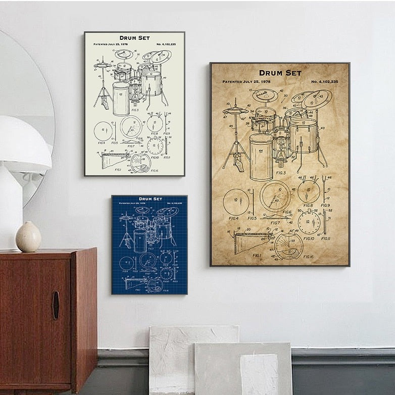 Drum Set Music Instrument Patent Blueprint Canvas Art