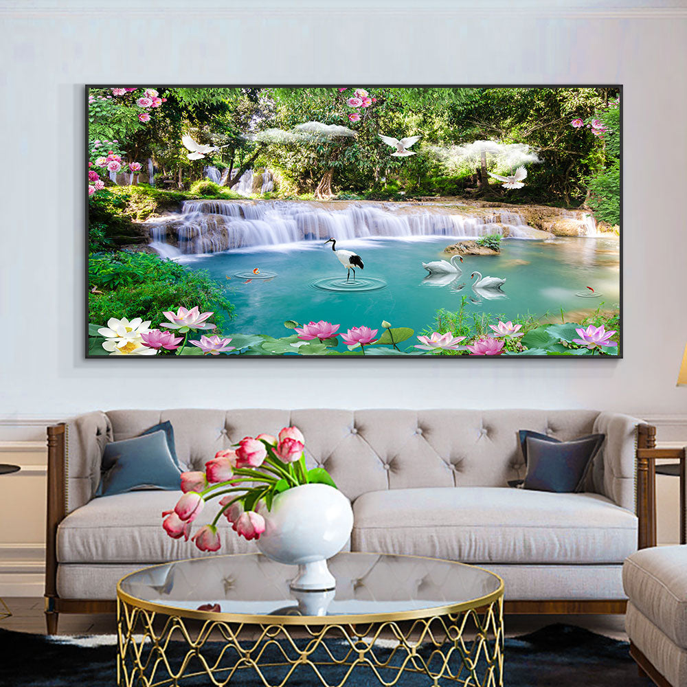 Swan Waterfall Lotus Painting Wall Art Canvas