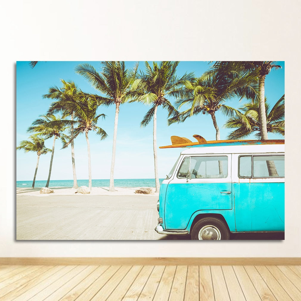 Sea Beach Bus Palm Tree Canvas Art