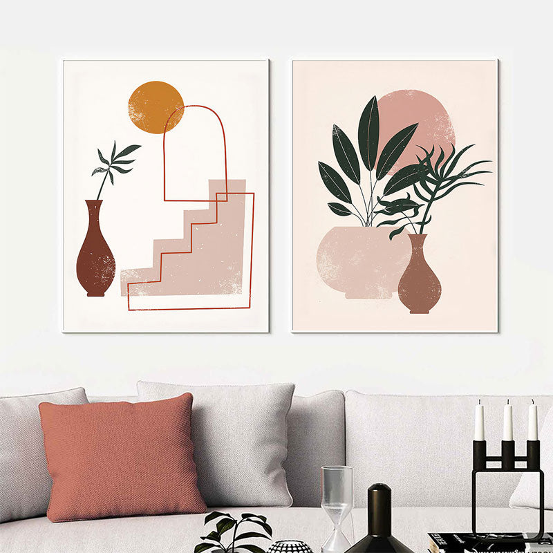 Abstract Vintage Girl Potted Plant Leaves Canvas Art