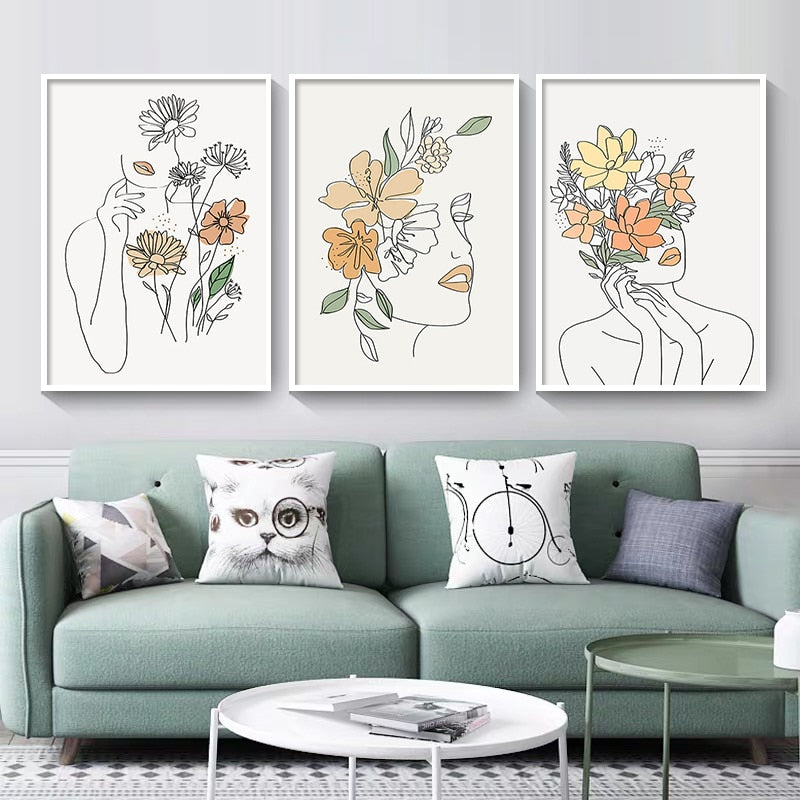 Nordic Simple Line Drawing Woman Flower Canvas Art