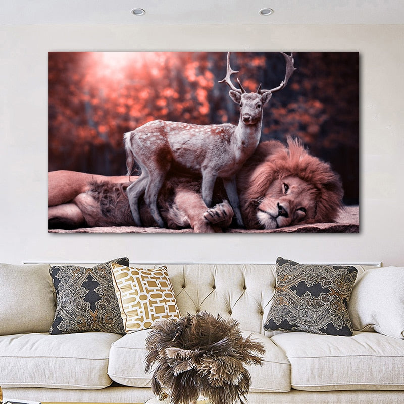 Lion and Sika Deer Canvas Art