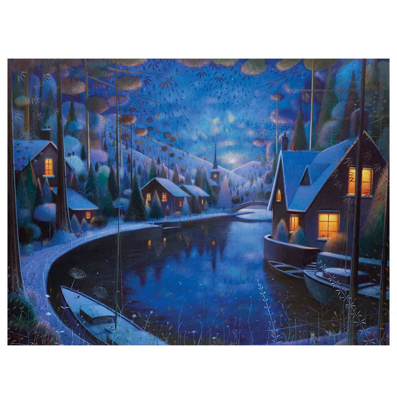 Lake Boat Night Winter Landscape Painting Canvas Art