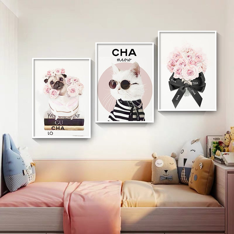 Fashion Book Cat Dog Perfume Flowers Wall Art Canvas