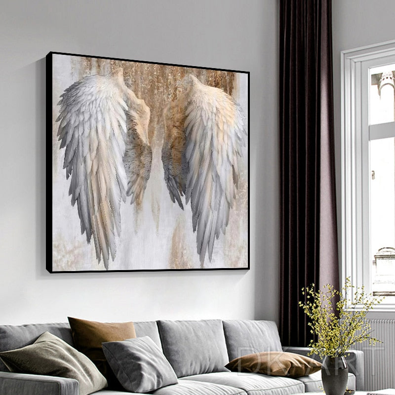 White and Gold Angel Wings Canvas Painting Art