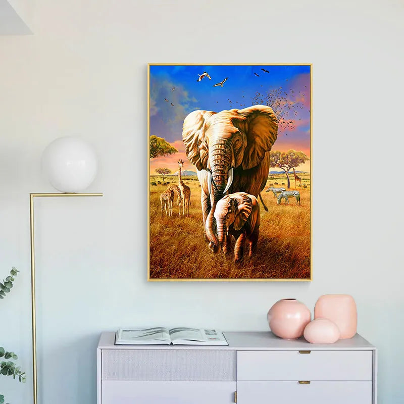 Elephant Giraffe African Savannah Wall Art Canvas