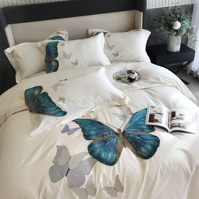 White Butterfly Egyptian Cotton Duvet Cover Bedding Set