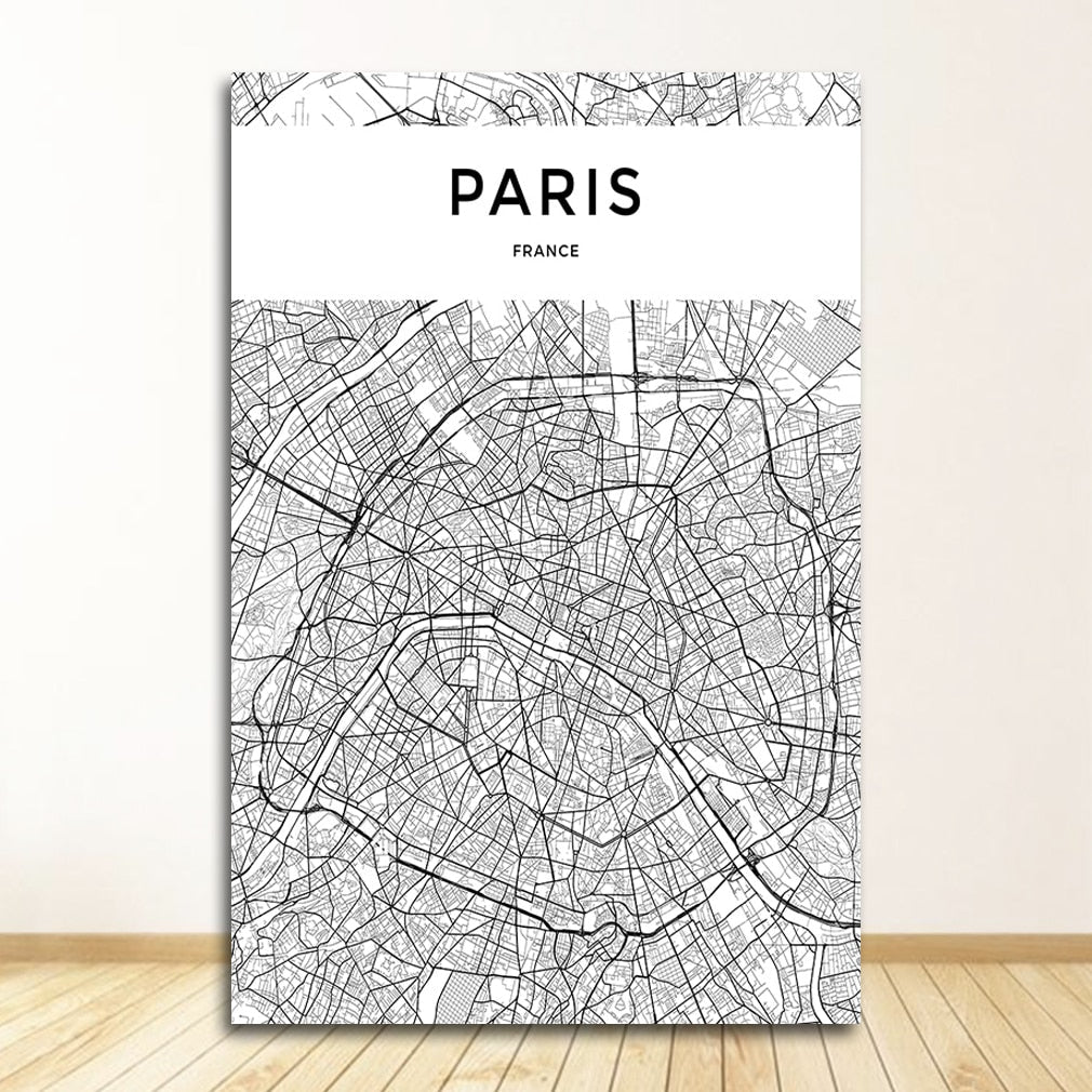 Black and White World City Map Wall Art Canvas