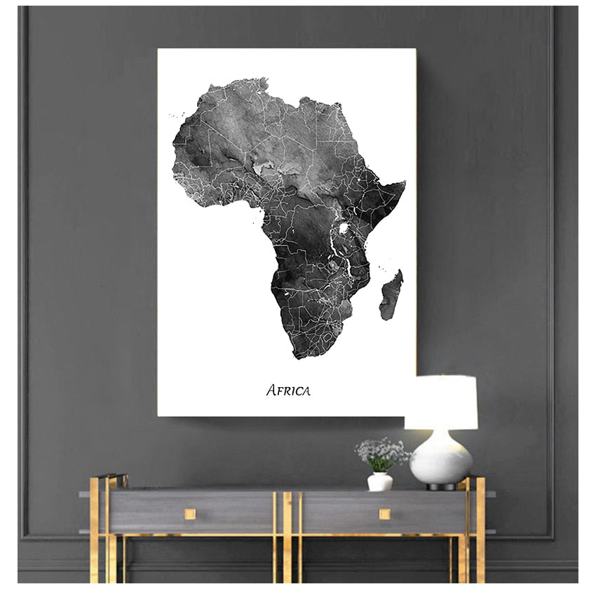 Gray Black and White Map of Africa Canvas Art