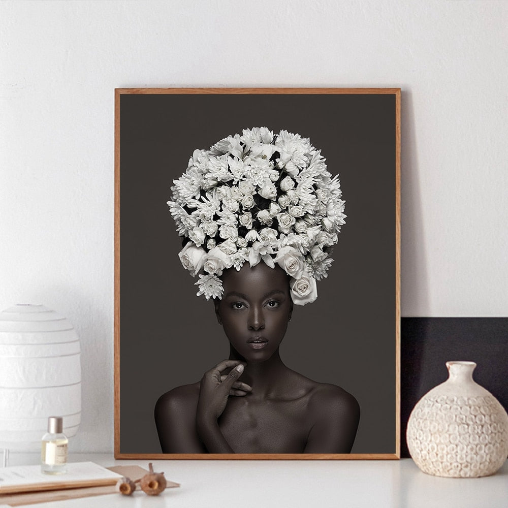 Black & White African Woman with Flowers Canvas Art