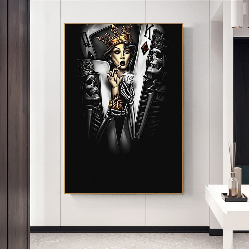 Skeleton King and Queen Poker Sexy Girl Canvas Art