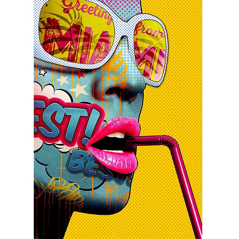 Colorful Girl Sipping Drink Canvas Art