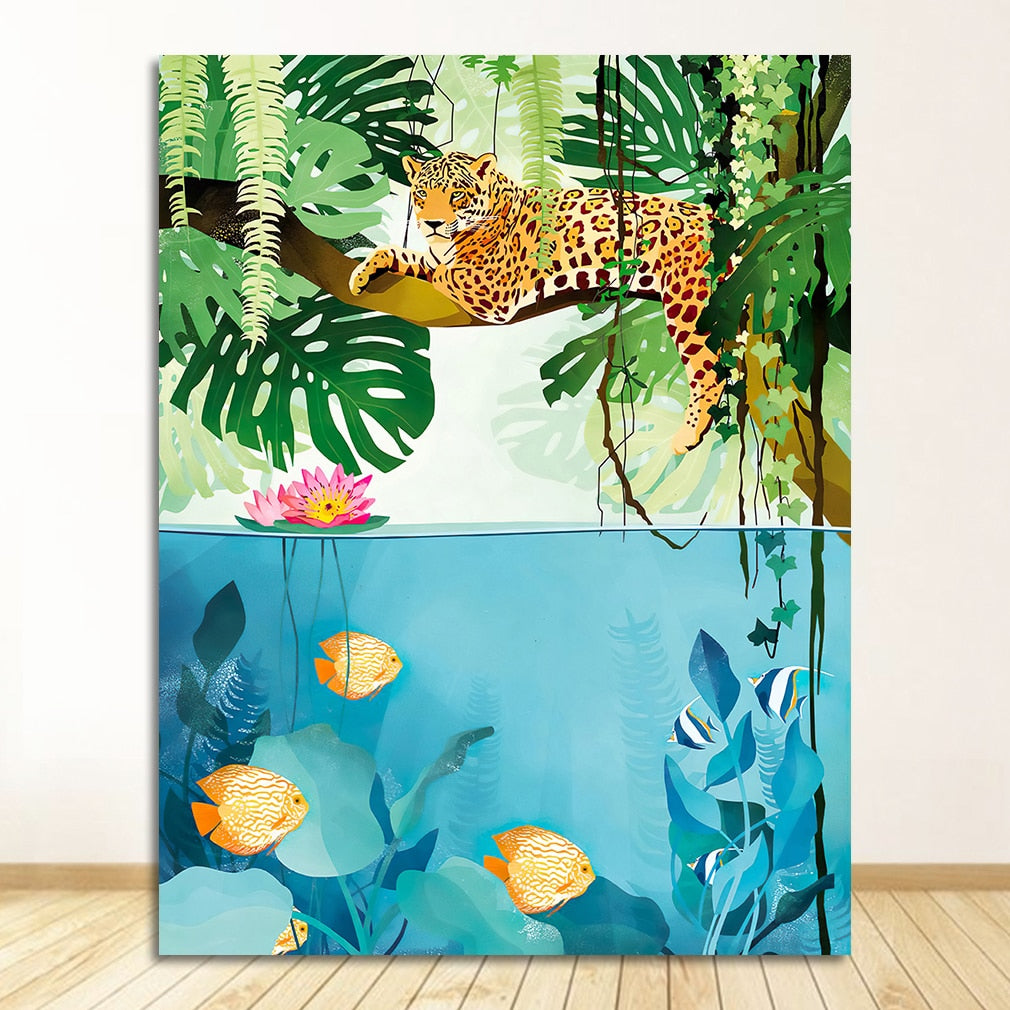 Colorful Cheetah Camel Leopard Parrot Jungle Canvas Art