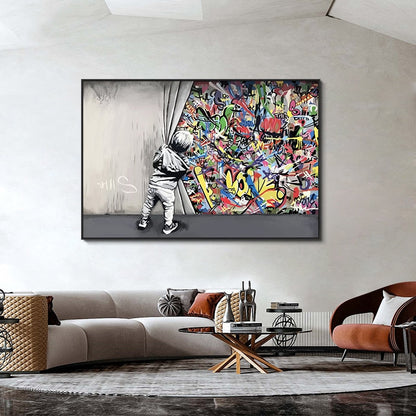 Kids Behind The Curtain Graffiti Art Canvas