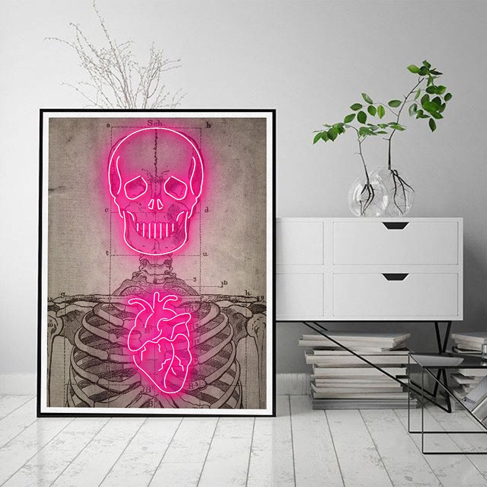 Neon Heart Skeleton Vintage Canvas Art