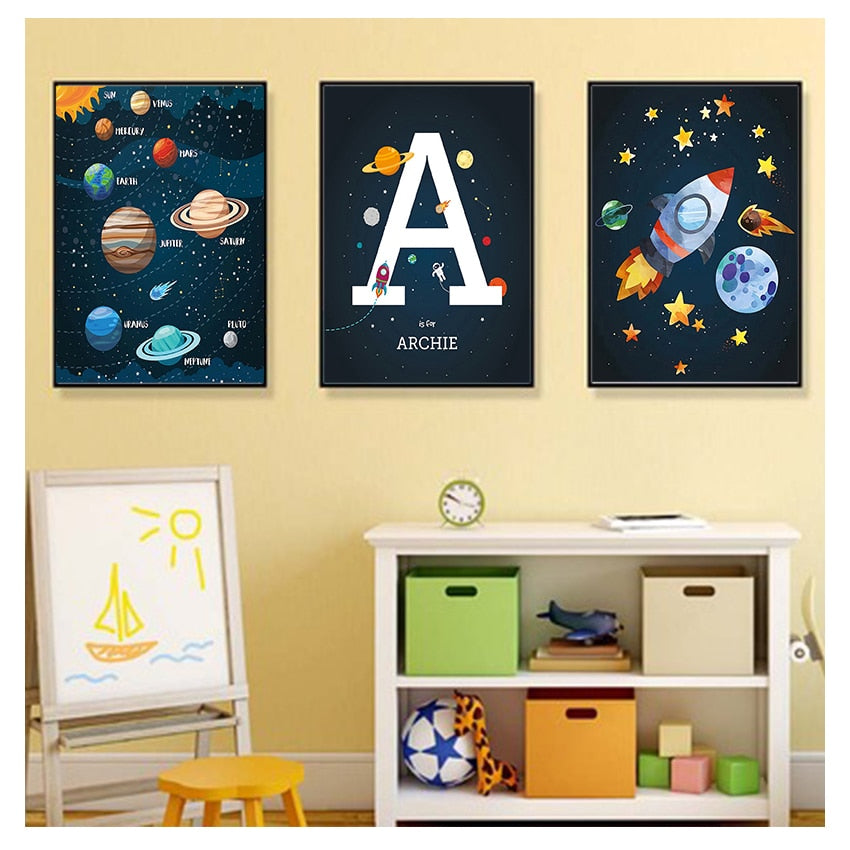 Rocket Spaceship Letter Nursery Wall Art Canvas