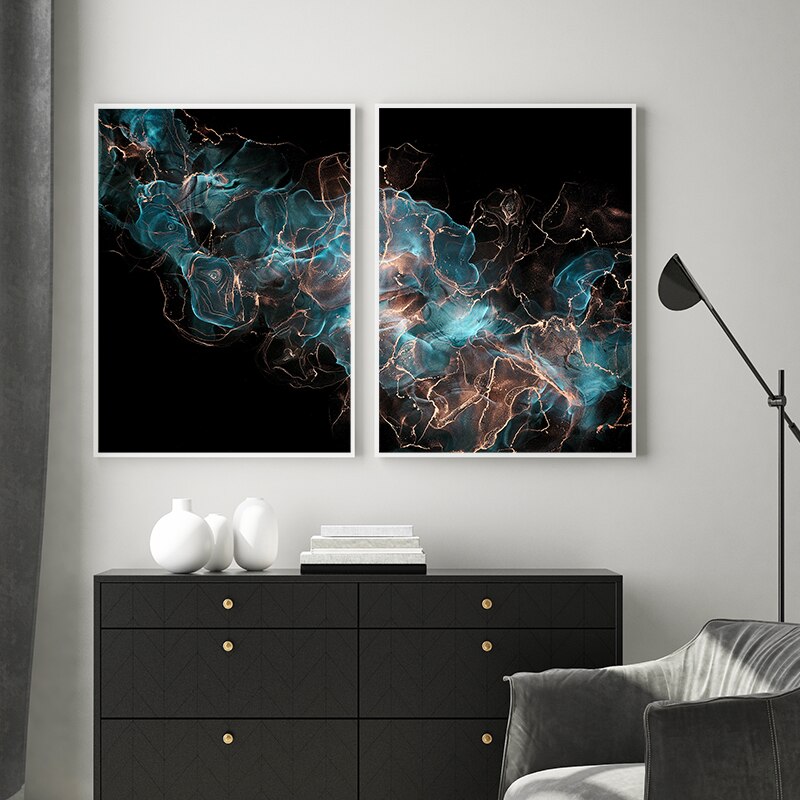 Gold Blue Modern Abstract Canvas Art