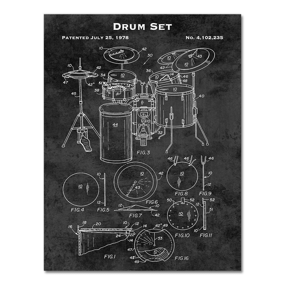 Drum Set Music Instrument Patent Blueprint Canvas Art