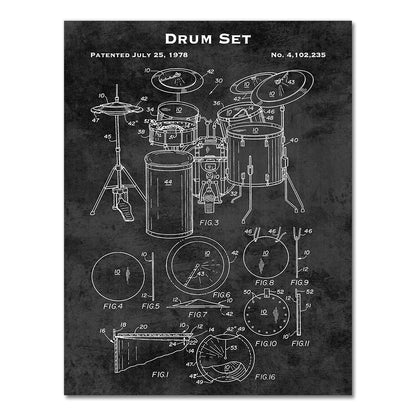 Drum Set Music Instrument Patent Blueprint Canvas Art