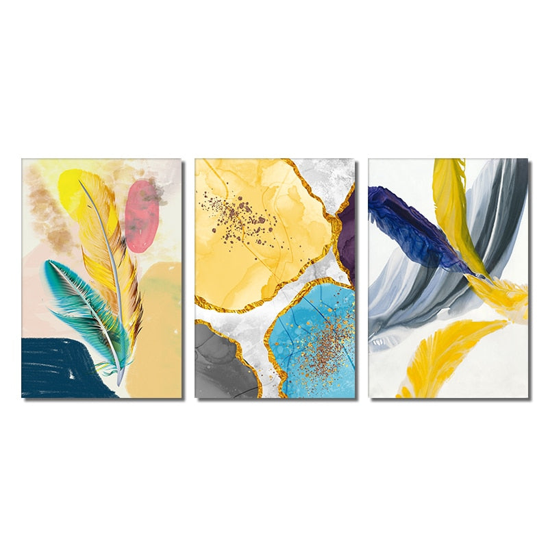 3 Panel Abstract Yellow Blue Feather Wall Art Canvas