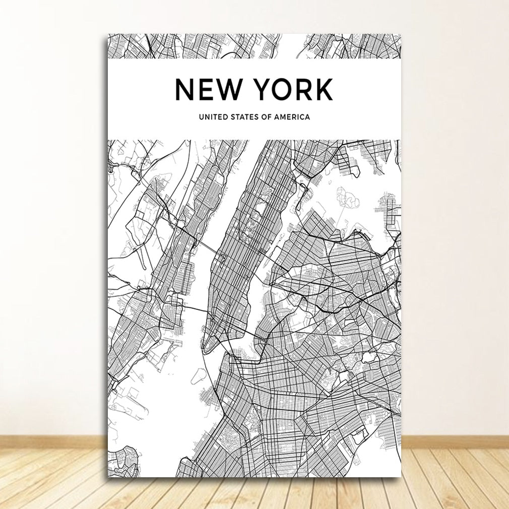 Black and White World City Map Wall Art Canvas