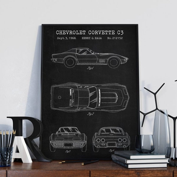 Chevrolet Corvette C3 Blueprint Car Canvas Art