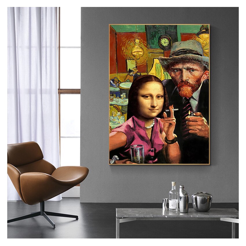 Smoking Mona Lisa and Van Gogh Canvas Art