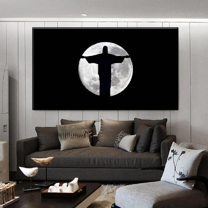 Jesus Christ Silhouette Over Full Moon Canvas Art