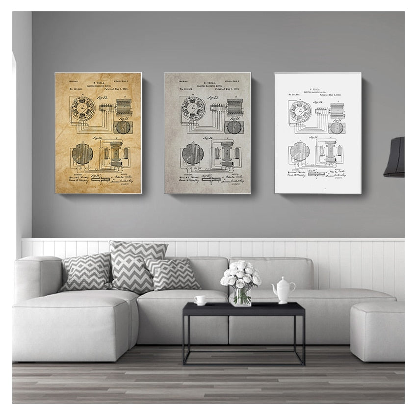 Nikola Tesla Motor Patent Blueprint Canvas Art